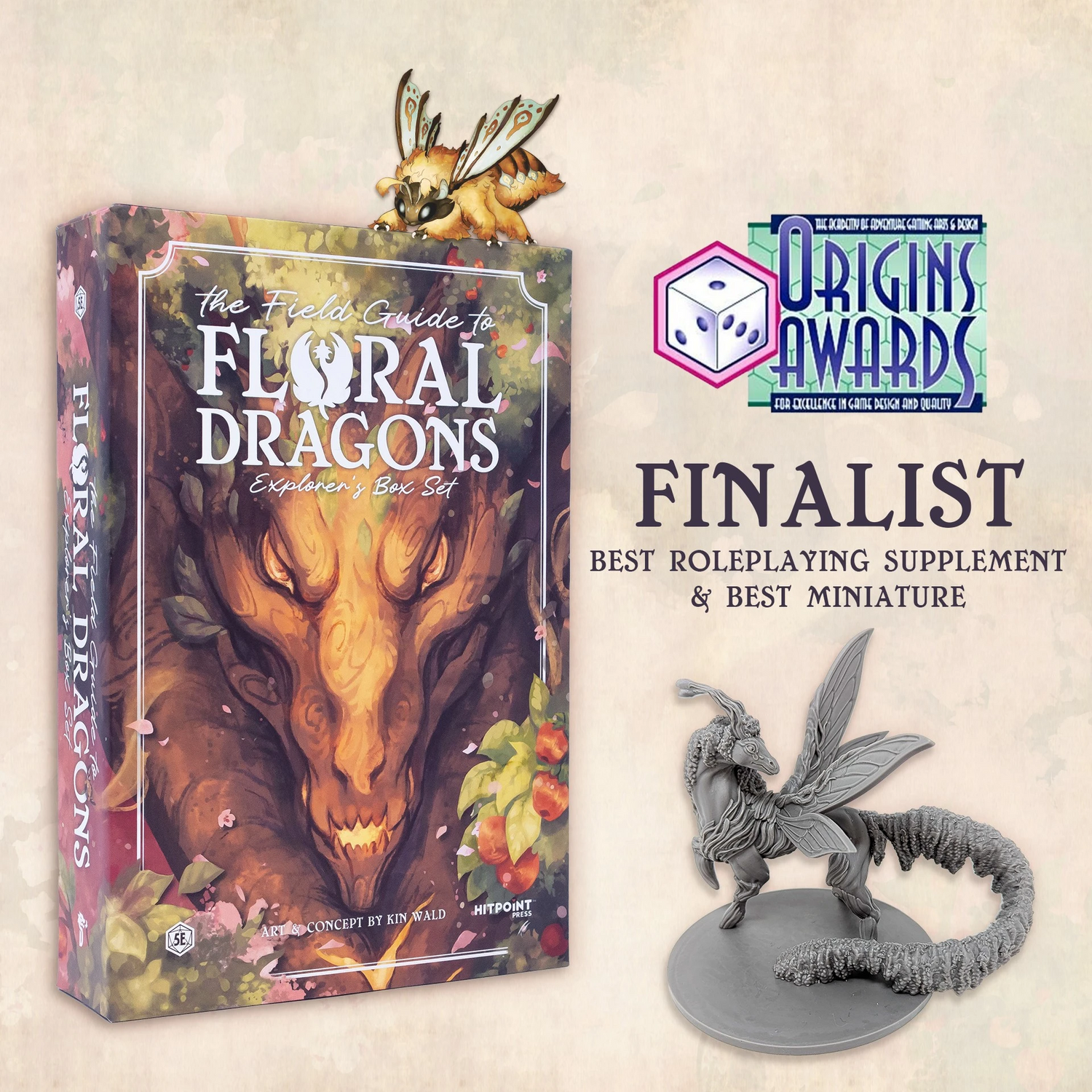 A graphic showing the Origins Awards finalist logo with the Field Guide to Floral Dragons Box Set and the Wisteria Dragon Miniature.