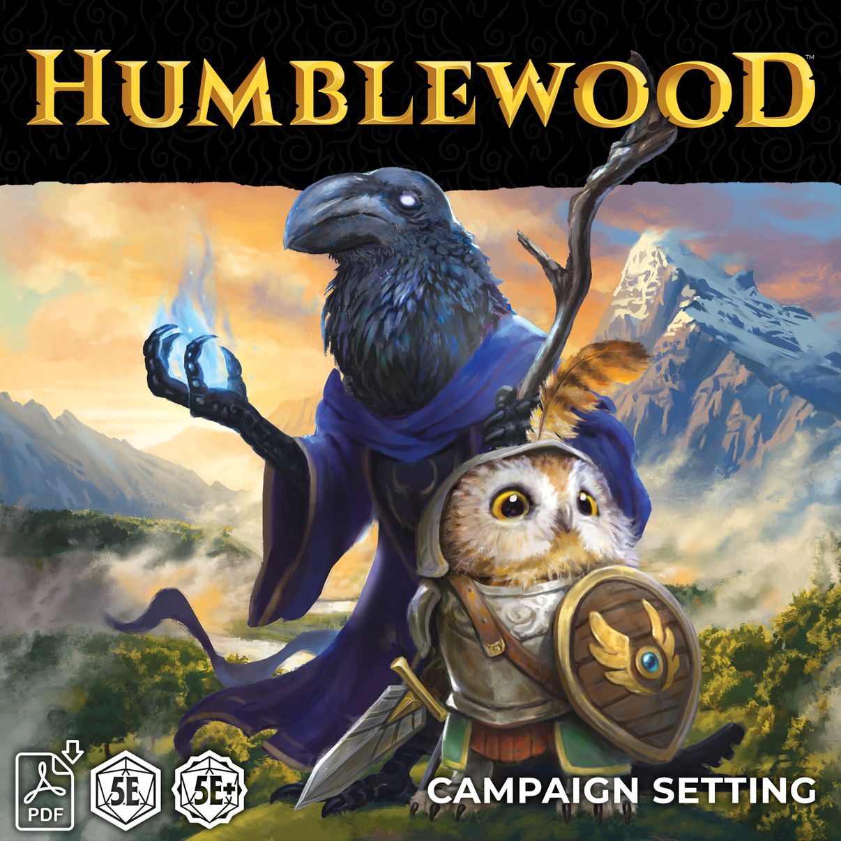 A crow holding a blue blame and an owl in armour, holding up a shield.