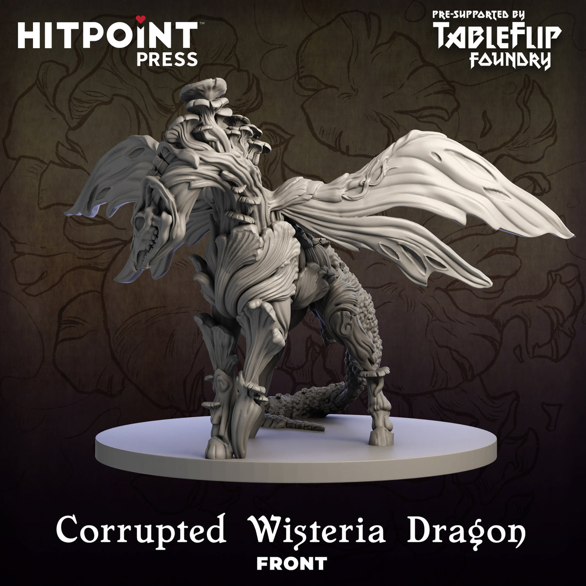A digital rendering of a Corrupted Wisteria Dragon miniature, designed for 3D printing and part of the Floral Dragons series. The dragon is depicted with intricate floral patterns and a dynamic pose.