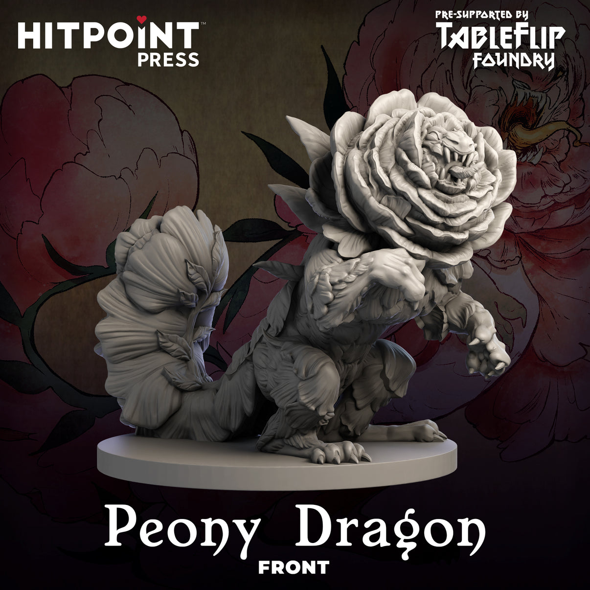 A digital image of a Peony Dragon miniature, designed for 3D printing, with a floral motif integrated into its body and wings.