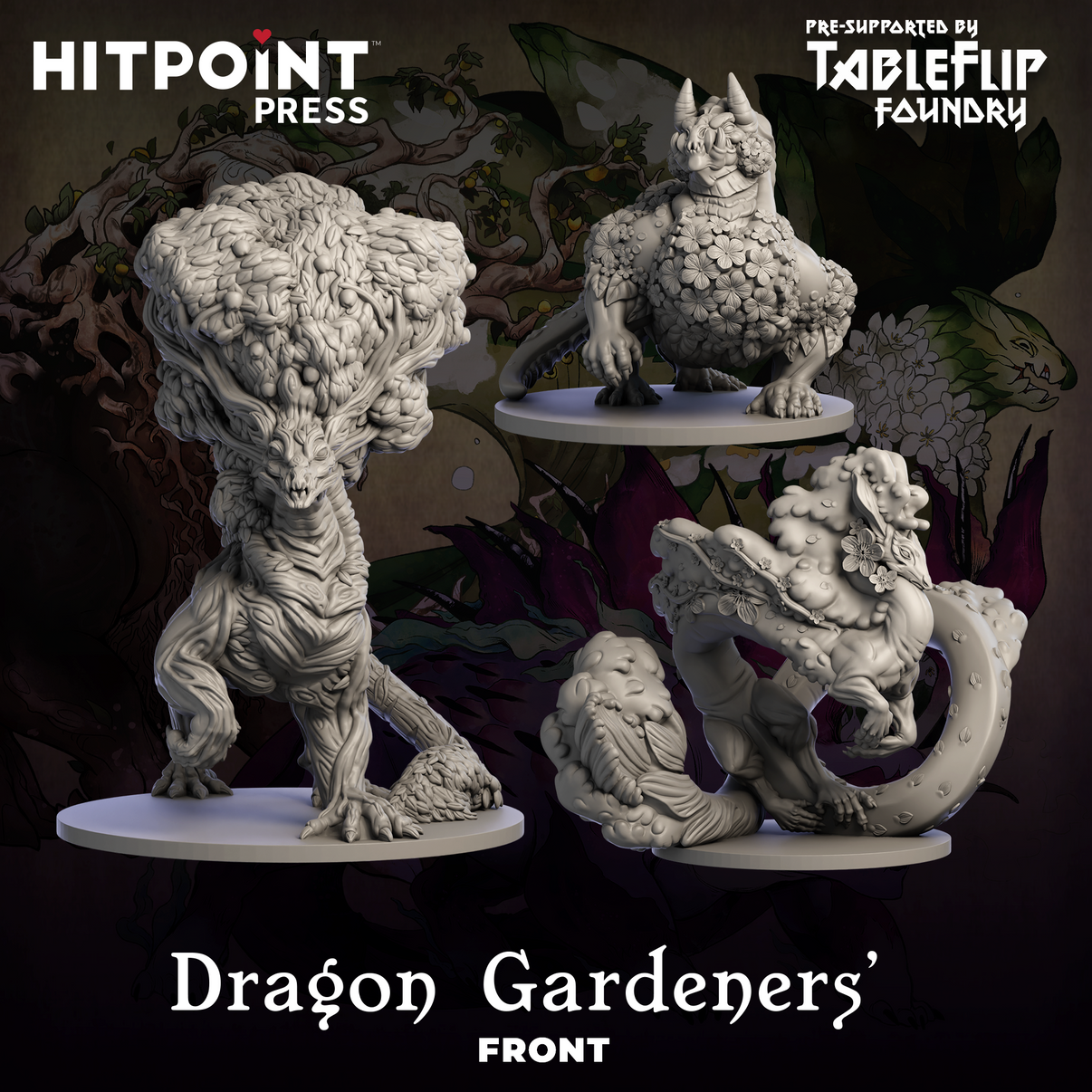 A set of three digital miniatures of floral dragons designed for 3D printing, each with intricate floral patterns adorning their bodies.