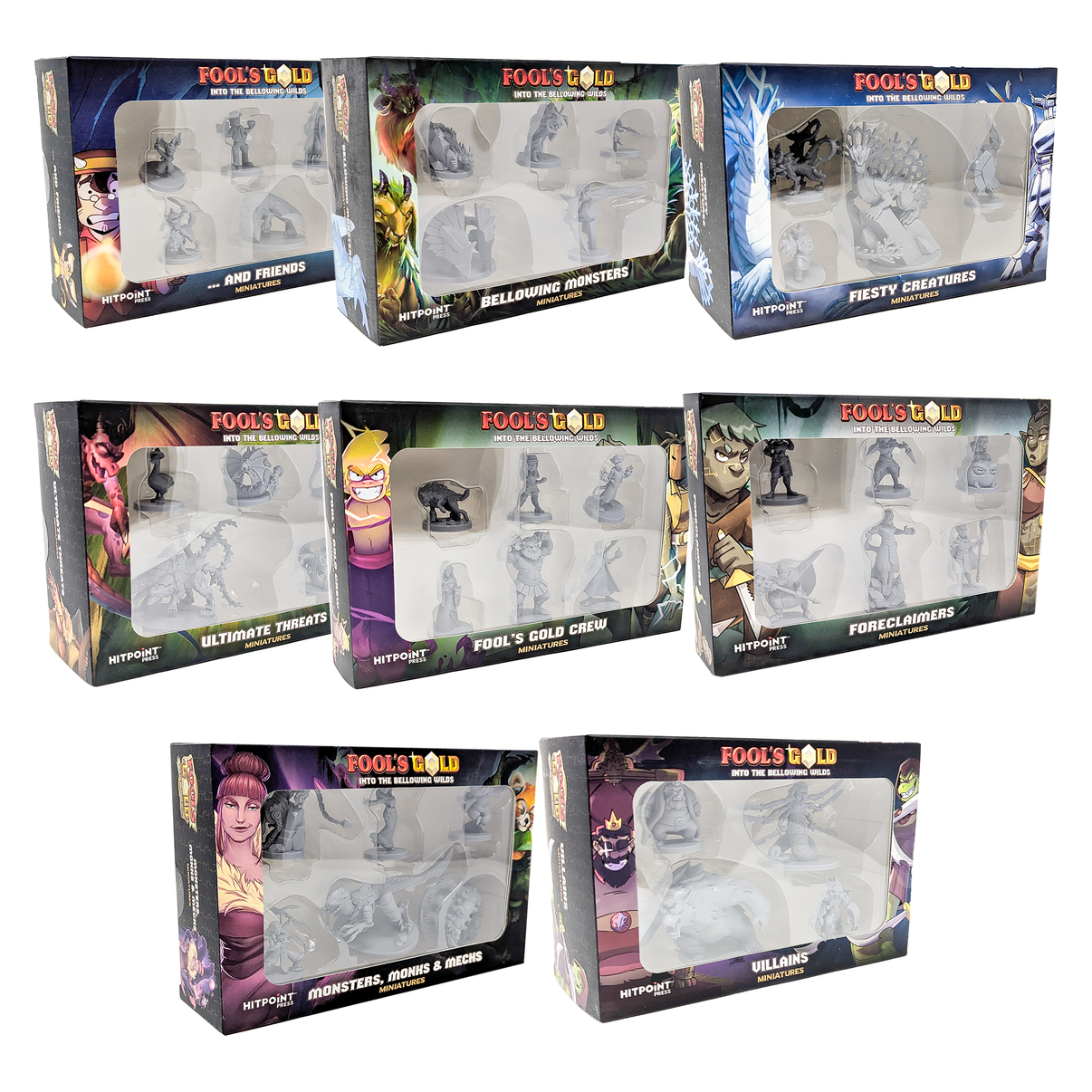 A photo of 8 boxes of the Fool's Gold mini figurines.