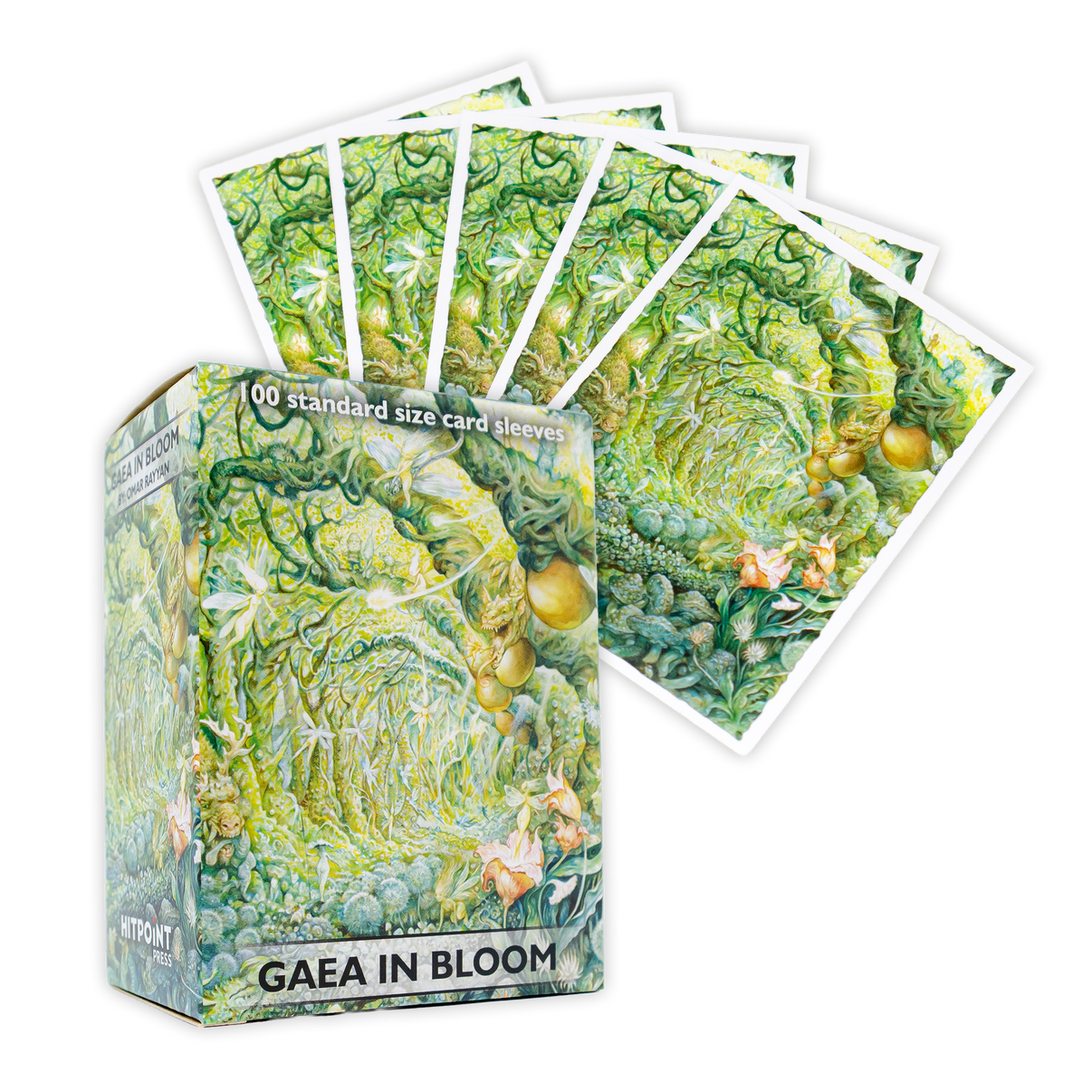 A photo of the Gaea in Bloom Dragon Shield Sleeves box with 5 of the sleeves showcased.