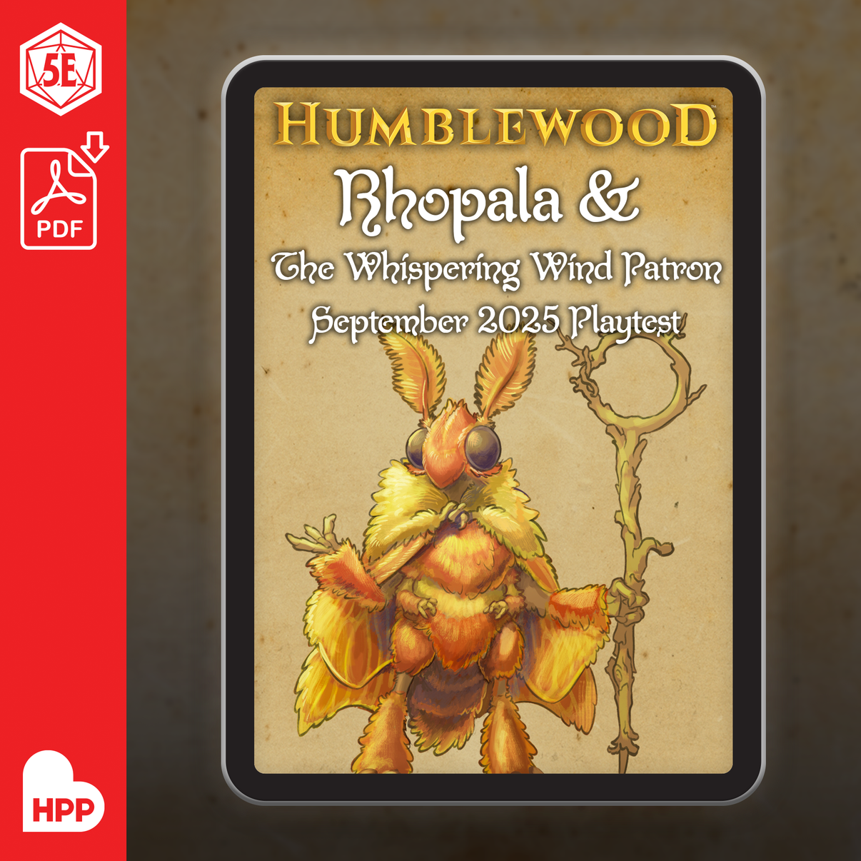 The PDF illustrated cover for Humblewood: Rhopala & The Whispering Wind Patron September 2025 Playtest.