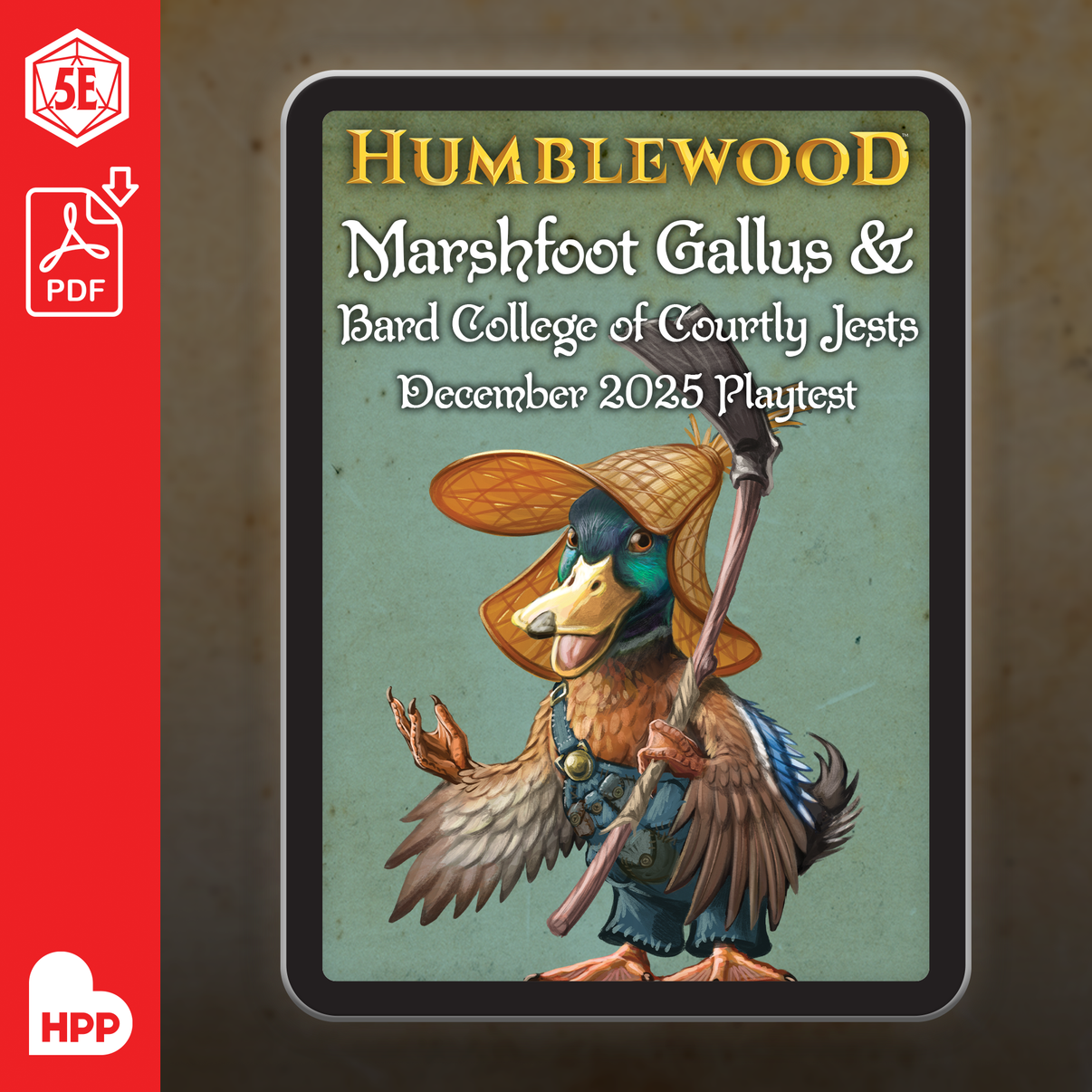 The PDF illustrated cover for Humblewood: Marshfoot Gallus & Bard Collehe of Courtly Jests December 2025 Playtest.