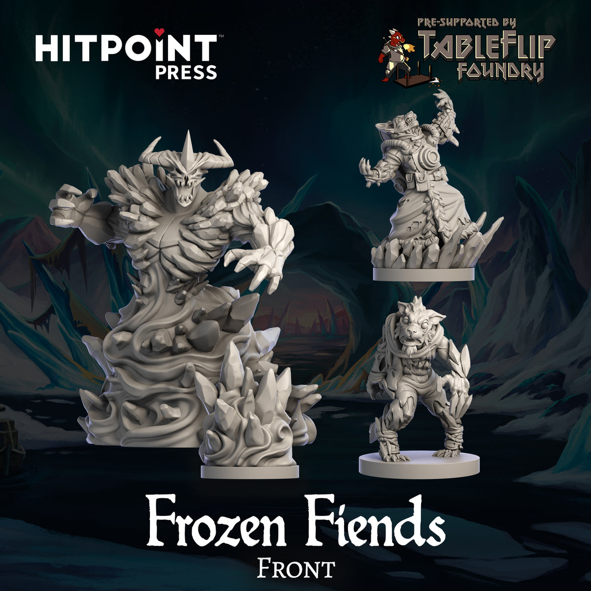 3 figurines from "Frozen Fiends" arranged on an arctic background, facing forward.
