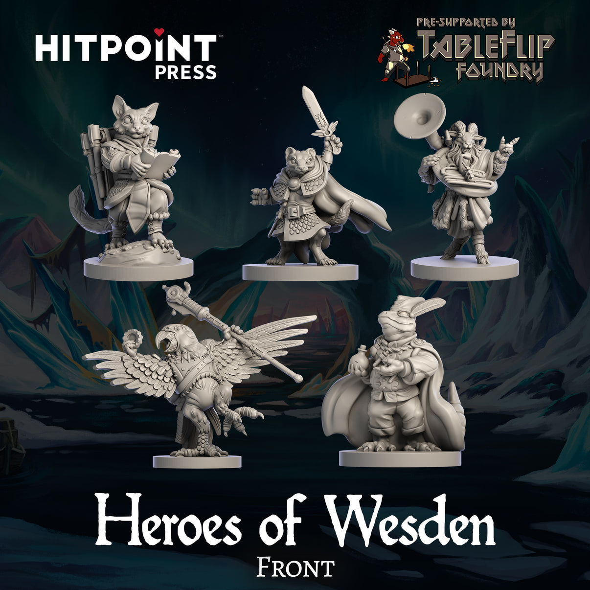 5 figurines from "Heroes of Wesden" arranged on an arctic background, facing forward.