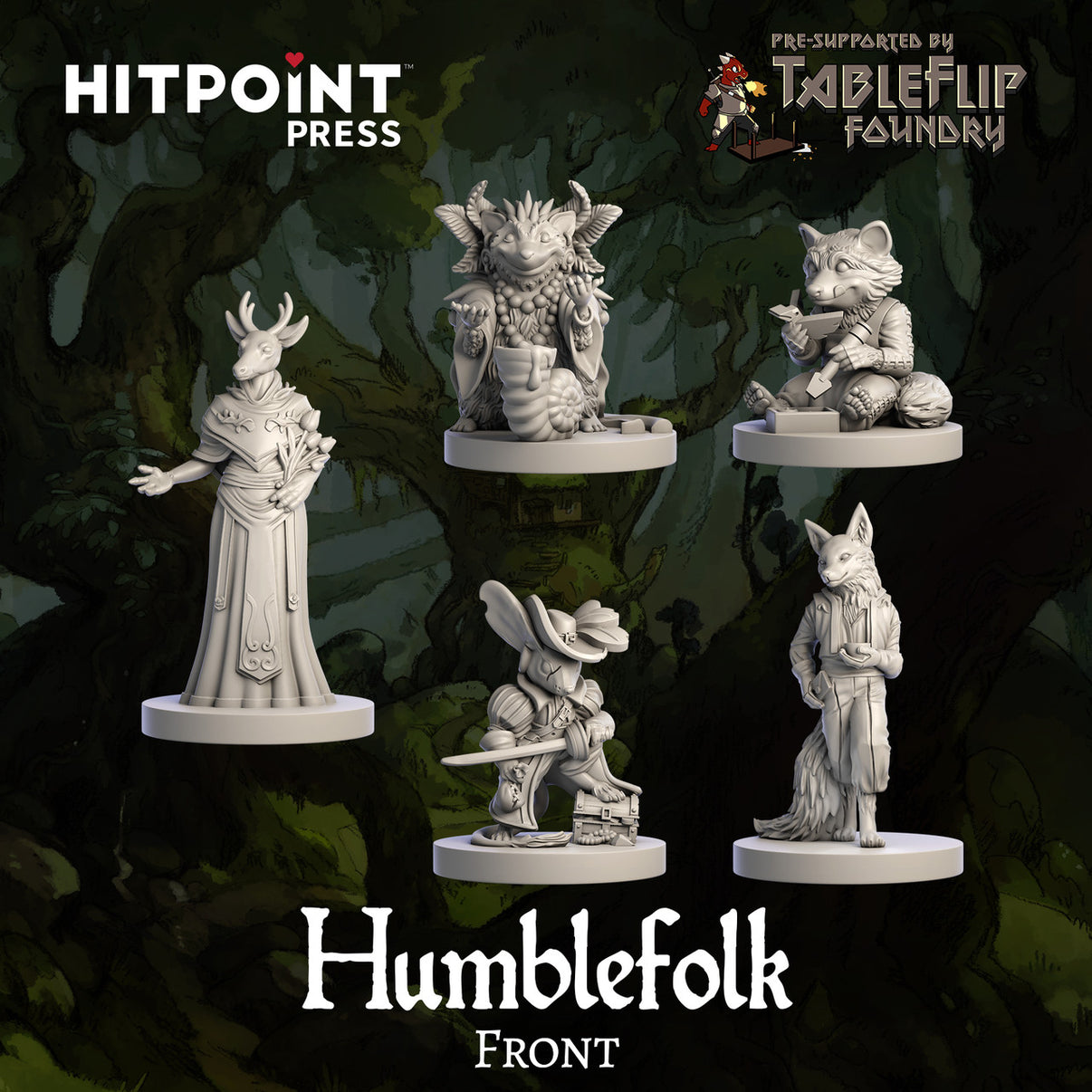 A collection of digital STL files for 3D printing, representing fantasy character miniatures from the Humblewood series. Each figure is intricately designed and posed differently, set against a camouflage background.