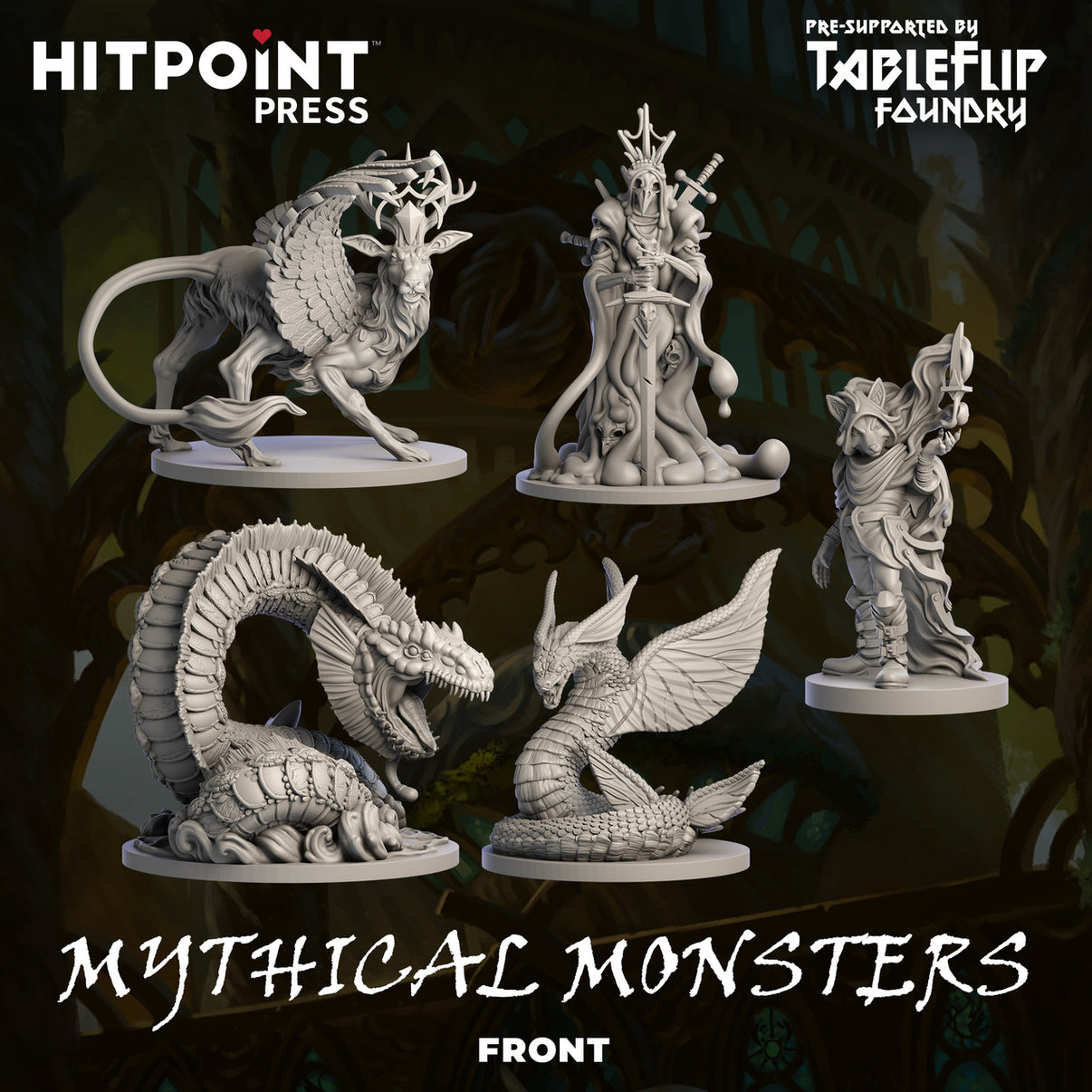 A collection of digital STL files for 3D printing, depicting various mythical monsters in black and white.