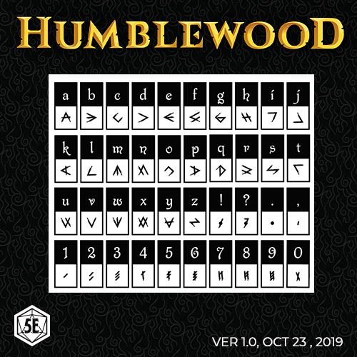 A promotional graphic for Humblewood Humblescratch 1.0 font, displaying the font characters arranged in a grid format with 'Humblewood' text at the top.