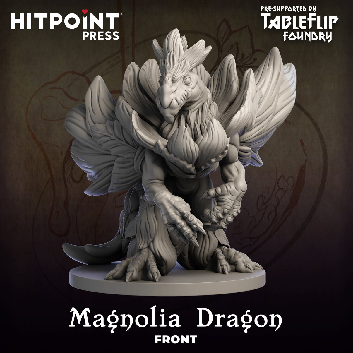 A digital image of a Magnolia Dragon miniature, designed for 3D printing, with intricate floral patterns on its body and wings.
