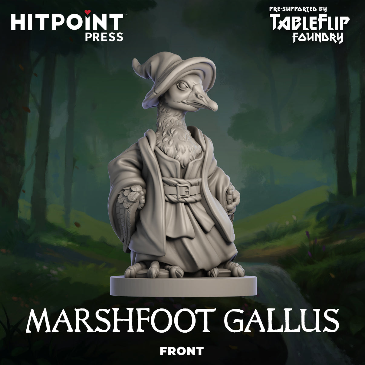A prototype photo of the front of a Marshfoot Gallus figurine.