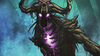A wooden and purple beast looking directly in front, their eyes and chest bursting with purple.