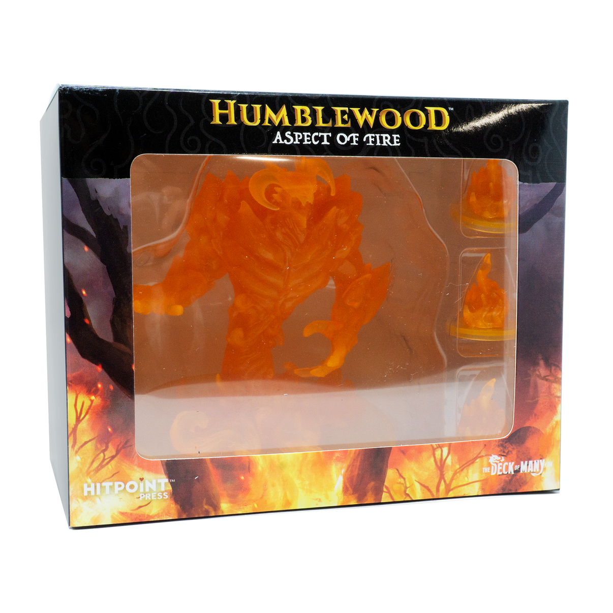 Packaging of Humblewood Aspect of Fire miniature, featuring a translucent orange figure, displayed in a fire-themed setting.