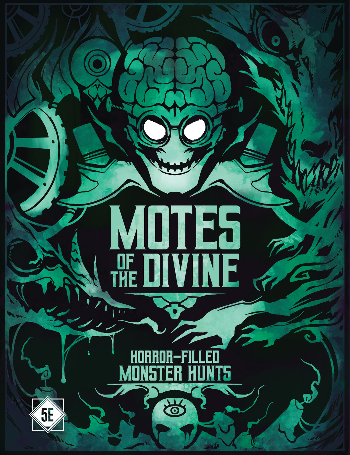 A zombified-skull in green and black with more bones attached to the image.