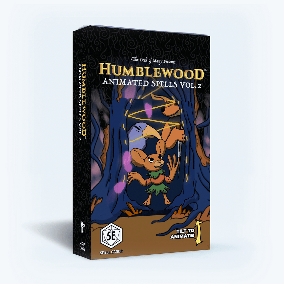 An animation of a deck of Humblewood Spell cards showing a tree opening and closing with a mouse inside.