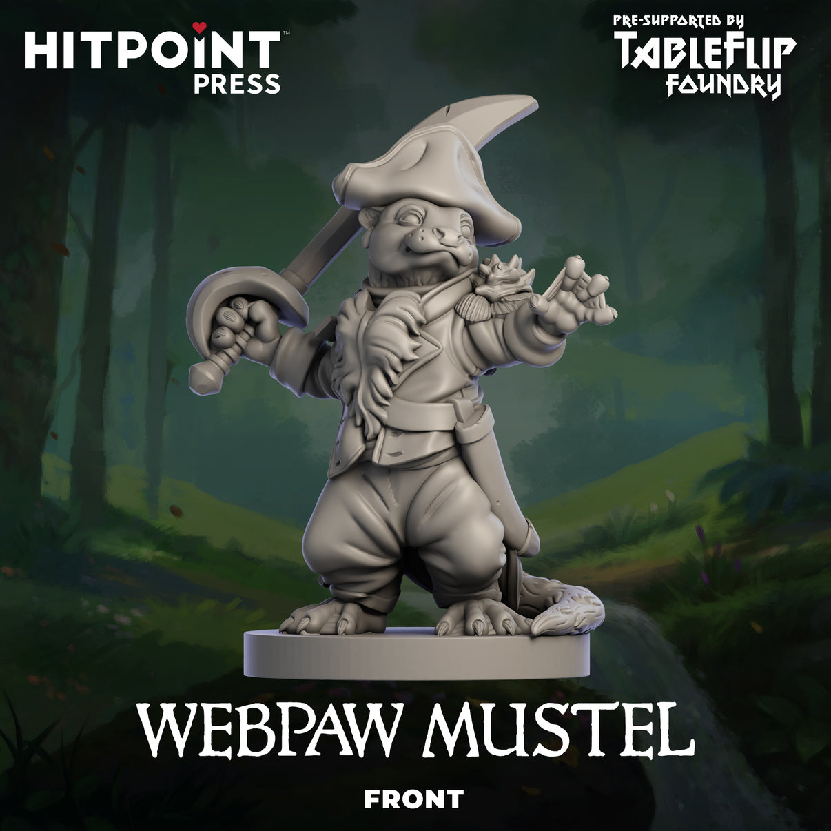 A prototype photo of the front of a Webpaw Mustel figurine.