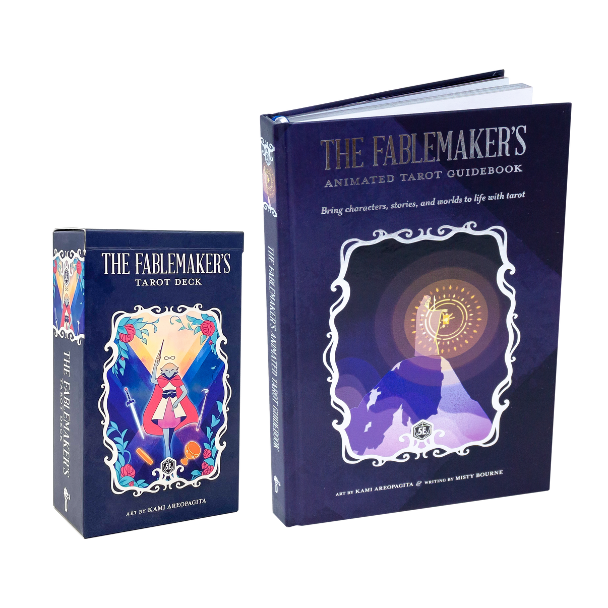 A photo of The Fablemakers Tarot Deck card deck and the Animated Tarot Guidebook.