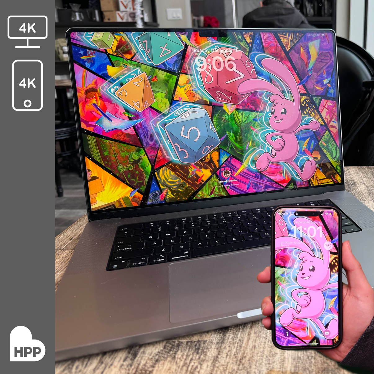 A promotional photo of a desktop and phone wallpaper of Risky from Shift with TTRPG dice following it from behind.