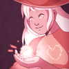 Illustration of a character with pink hair and a red hat holding a glowing object.