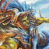 Colorful illustration of a warrior with a helmet and shield against a blue sky.