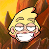 Cartoon character with a yellow head and white beard against a fiery background