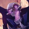 Close-up of a character with a skull-like mask and glowing eyes, wearing a suit.