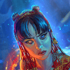 Artistic depiction of a character with intricate headgear and glowing eyes against a blue background.