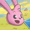 Cartoon character with pink ears and face on a colorful background