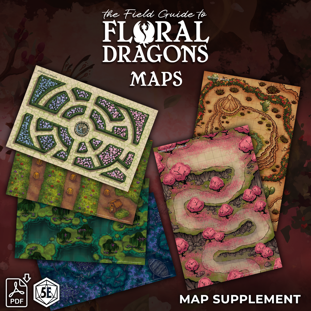 A collection of beautifully-illustrated maps themed around floral dragons, designed for use in D&D 5th Edition role-playing games. The maps are VTT-ready and vary in color and floral patterns.
